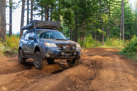 RalliTEK Subaru Forester Front View with Light Bar and Winch Mount