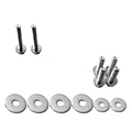 A set of silver metal hardware including two long flathead bolts, four short flathead bolts, and six flat washers of varying sizes, arranged on a plain white background.