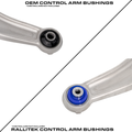 Comparison of OEM control arm bushings and Rallitek lifted control arm bushings on a white background.