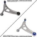 Two control arm bushings with 'OEM Control Arm Bushings' and 'Rallitek Control Arm Bushings' labels on a white background.