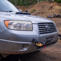 Close up of RalliTEK Hidden Winch Mount Bumper installed onto a SG 2007 Subaru Forester XT