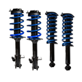 A set of four blue and black assembled struts for a vehicle, typically used for suspension in the chassis of the car.